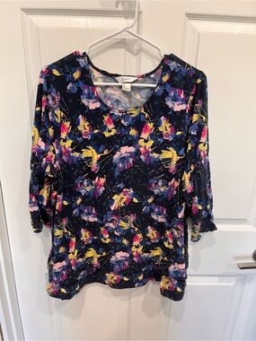 CJ Banks Navy Floral Scoop Neck Long Sleeve Top